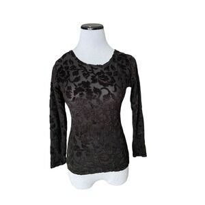 Vintage Y2K Burnout Velvet Floral Sheer Mesh Top Size S Black Goth Fairy Grunge